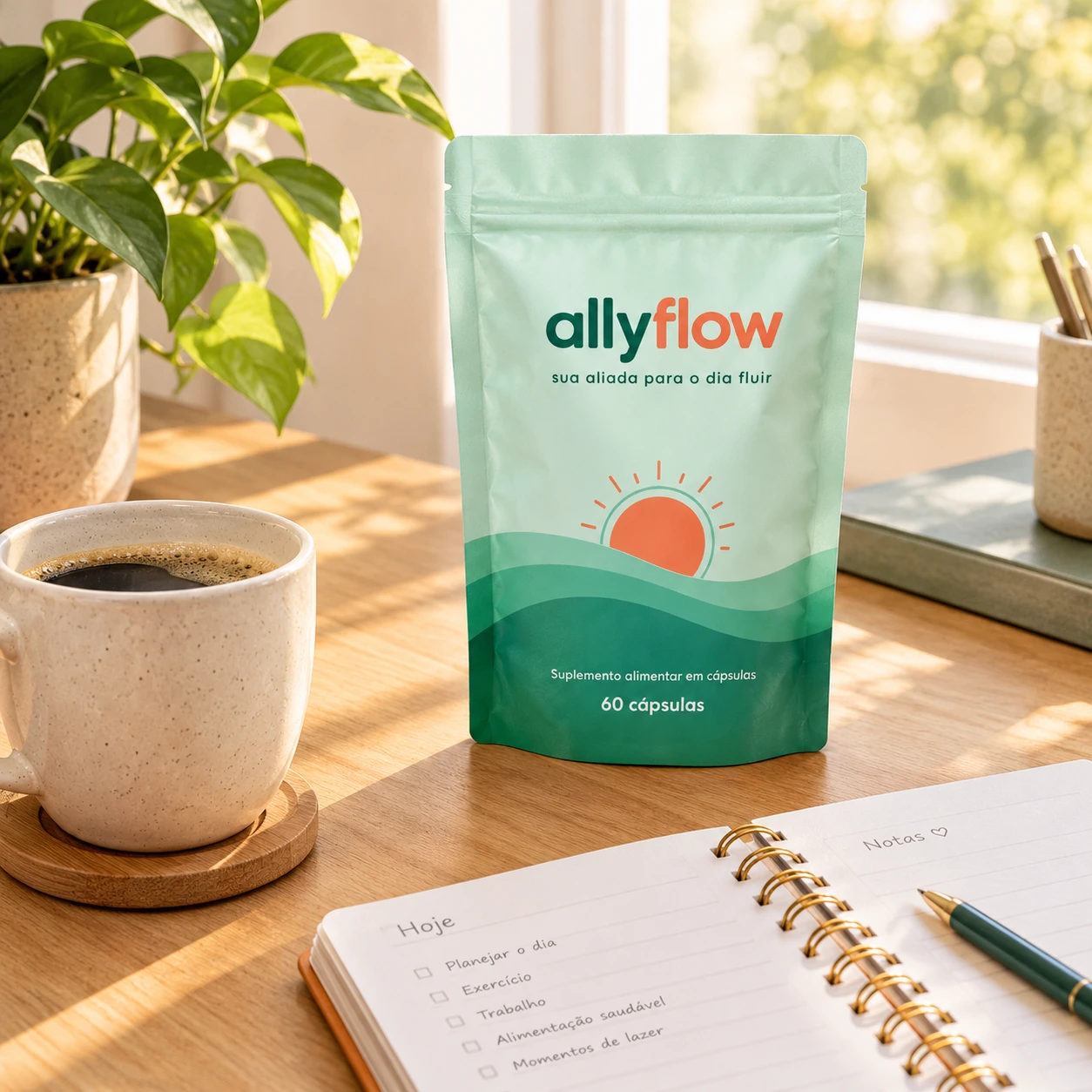 AllyFlow sobre a mesa de manhã, ao lado de uma xícara de café e uma agenda